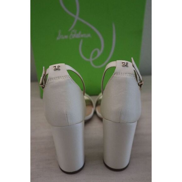 Sam Edelman Women Sz 7.5 Pearl/Ivory Satin Yaro Ankle Strap Block Heel Sandals - Picture 3 of 15